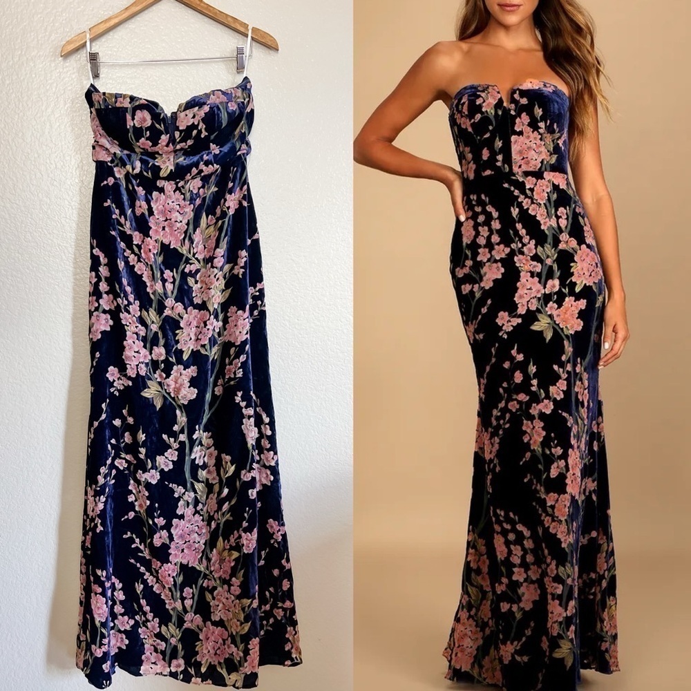 NWOT Bloom In Mind Navy Blue Floral Print Velvet Strapless Maxi Dress